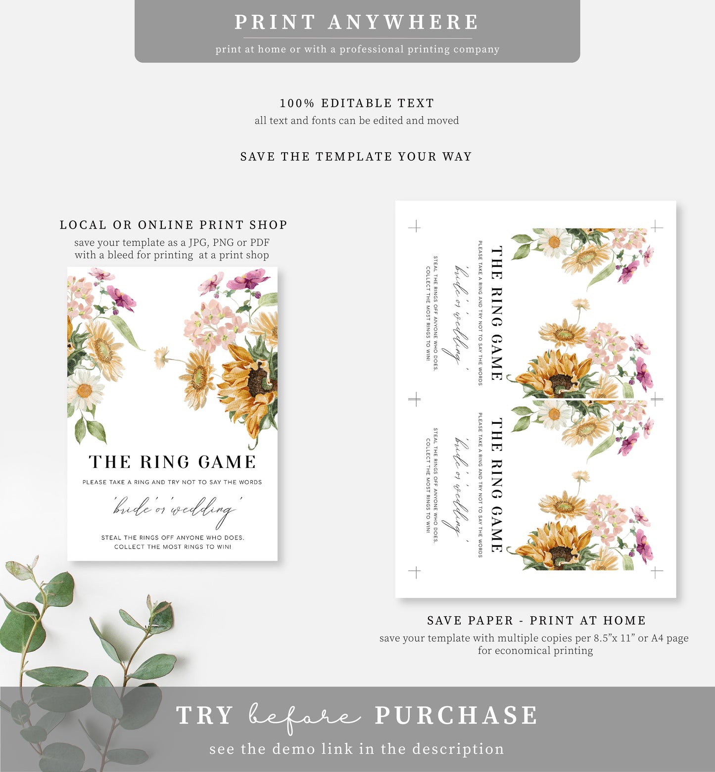 Mews Floral White | Printable The Ring Game Sign Template