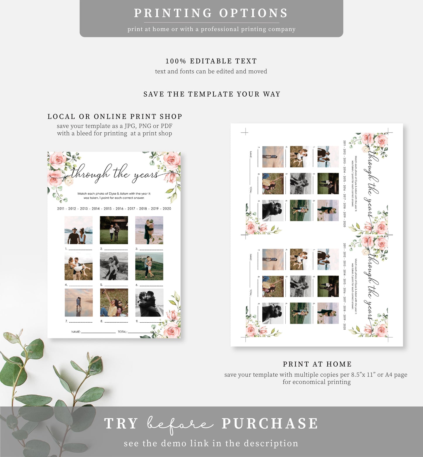 Darcy Floral Pink | Printable Through The Years Bridal Shower Game