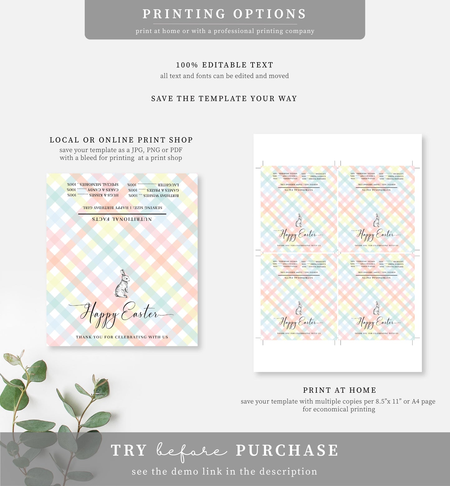 Gingham Multi | Printable Easter Favour Treat Bag Topper