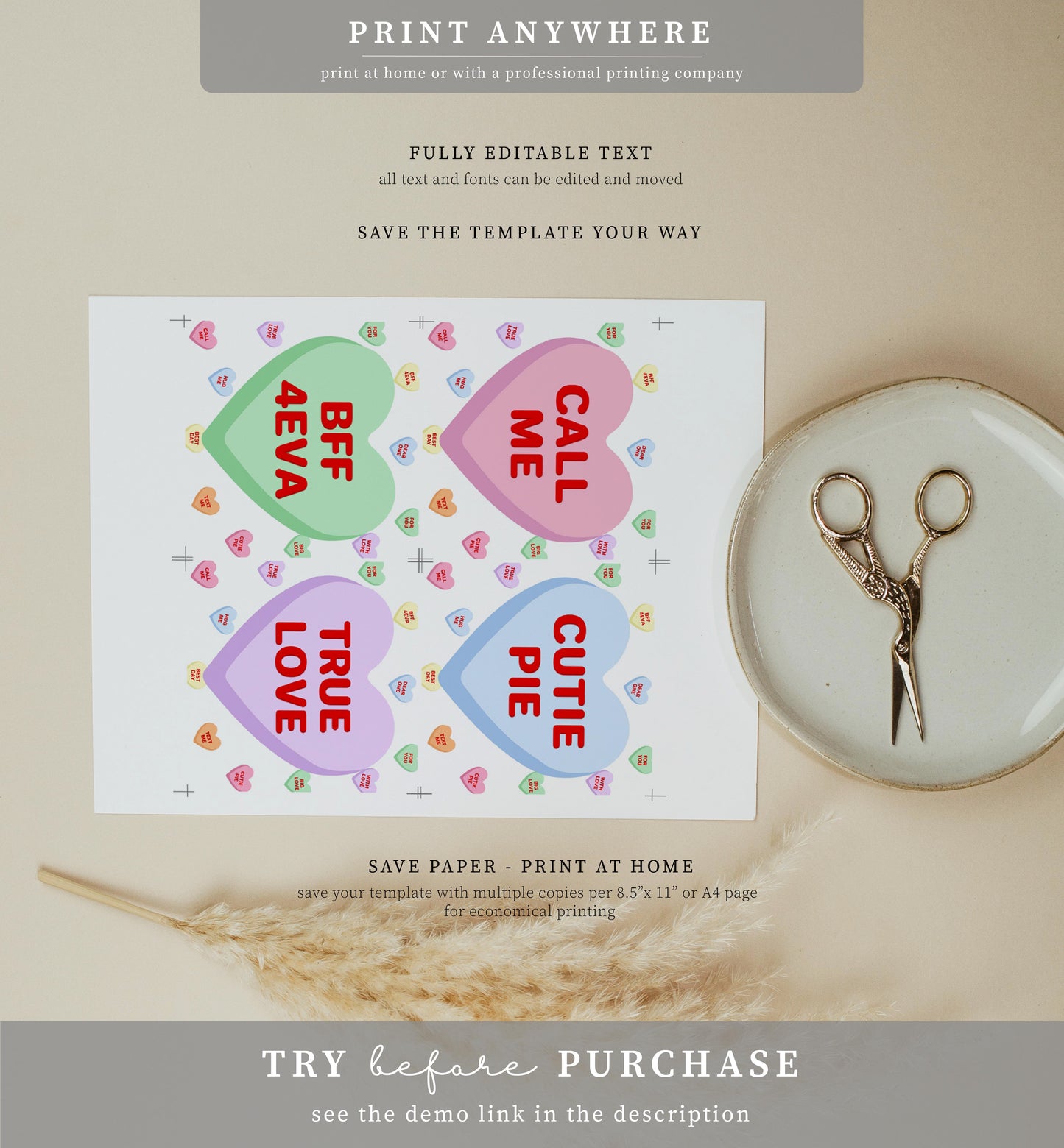Convo Hearts White | Printable Sweetheart Valentine Drink Coaster Template
