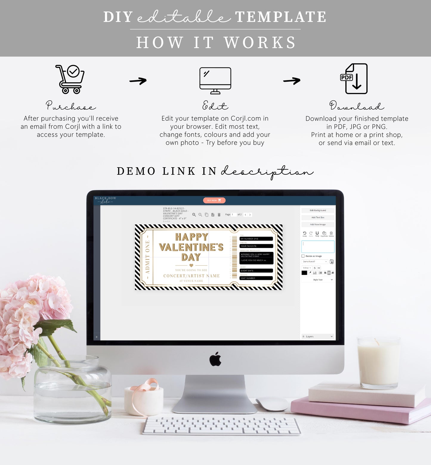 Stripe Black Gold | Printable Valentine's Concert Custom Gift Voucher Template