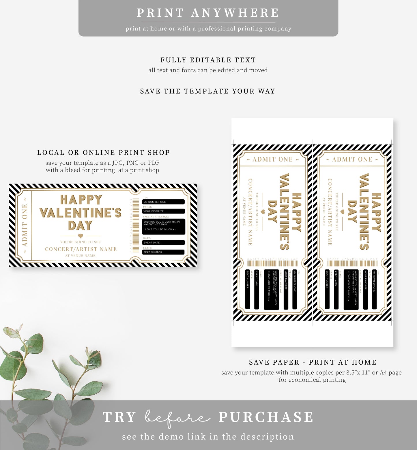 Stripe Black Gold | Printable Valentine's Concert Custom Gift Voucher Template
