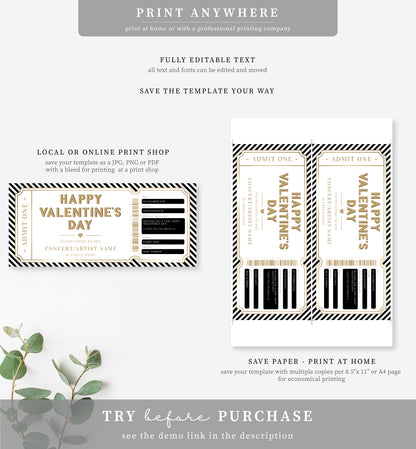 Stripe Black Gold | Printable Valentine's Concert Custom Gift Voucher Template