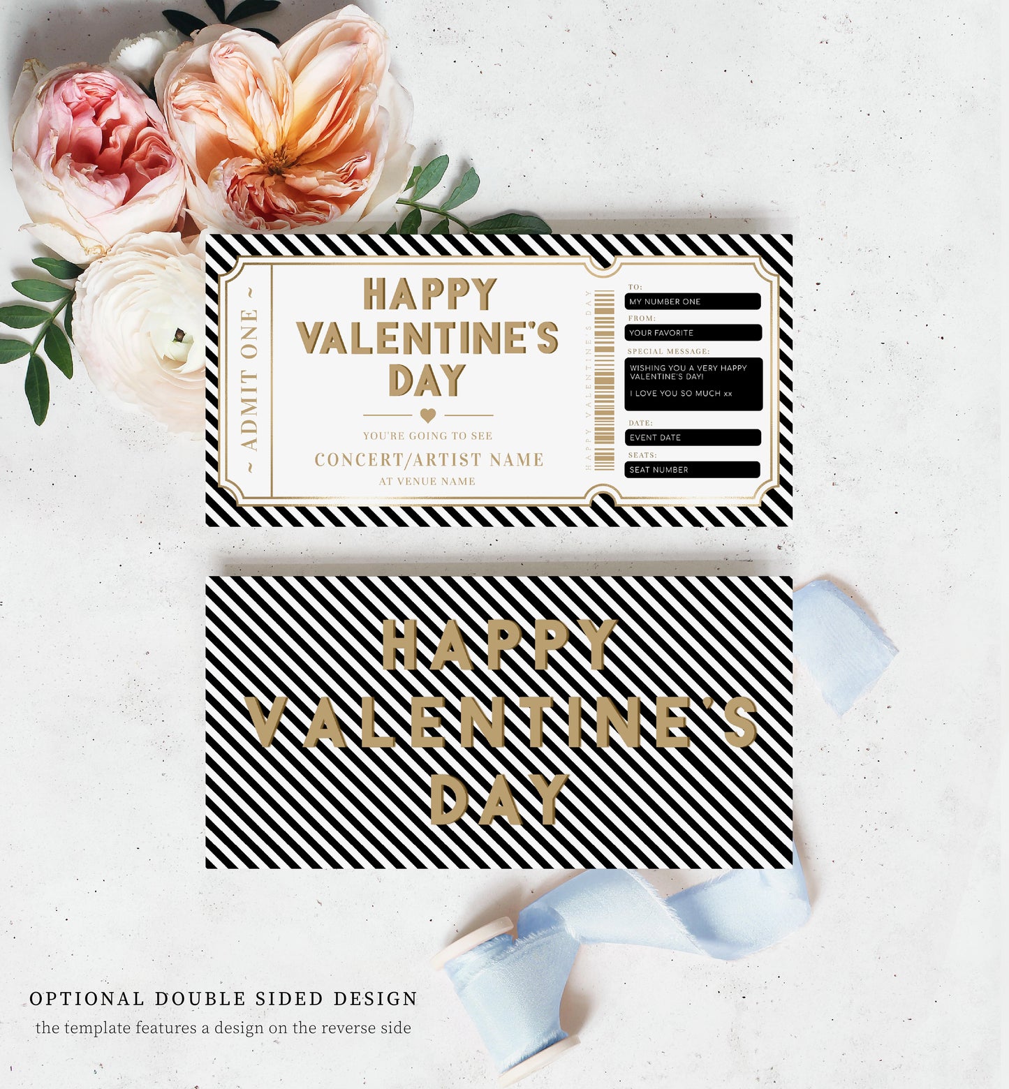 Stripe Black Gold | Printable Valentine's Concert Custom Gift Voucher Template