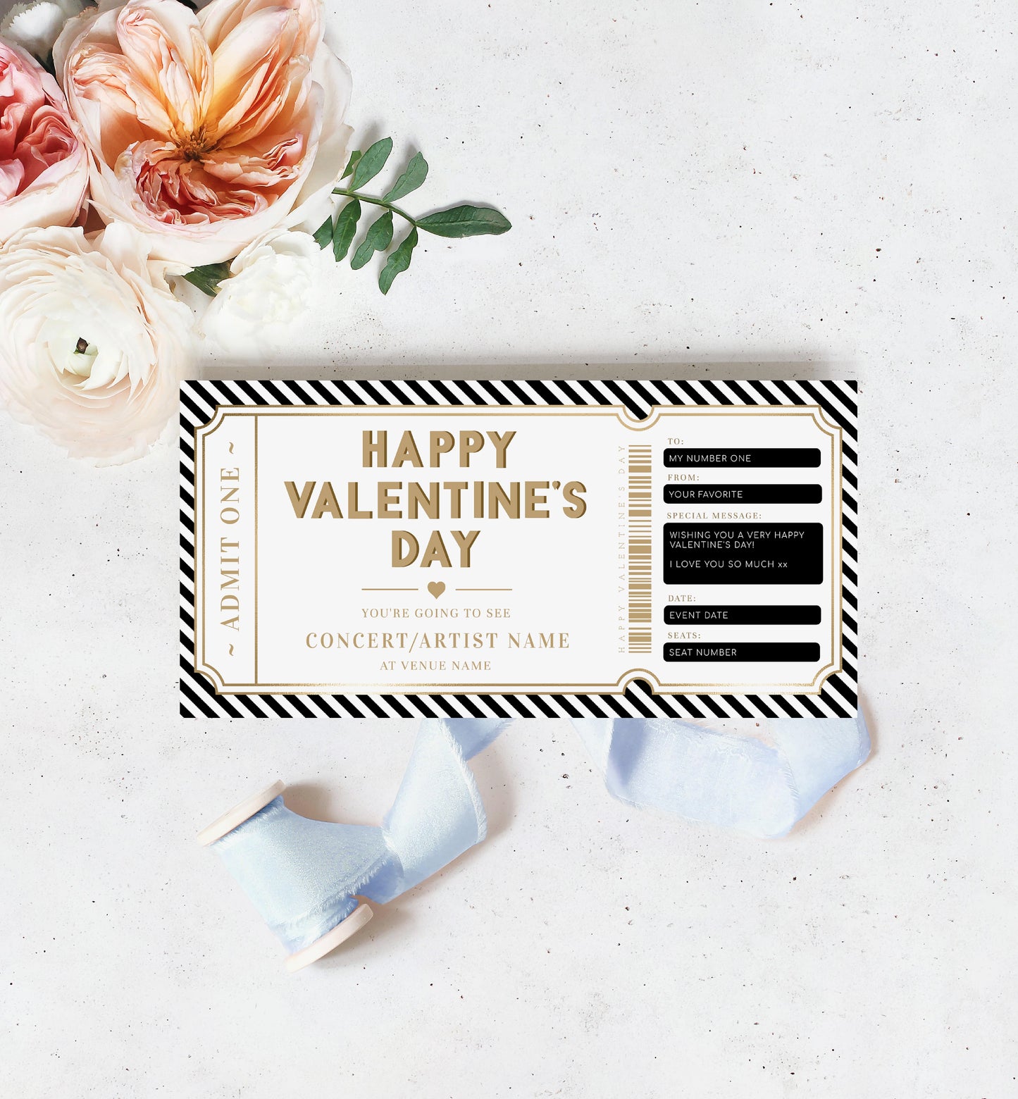 Stripe Black Gold | Printable Valentine's Concert Custom Gift Voucher Template