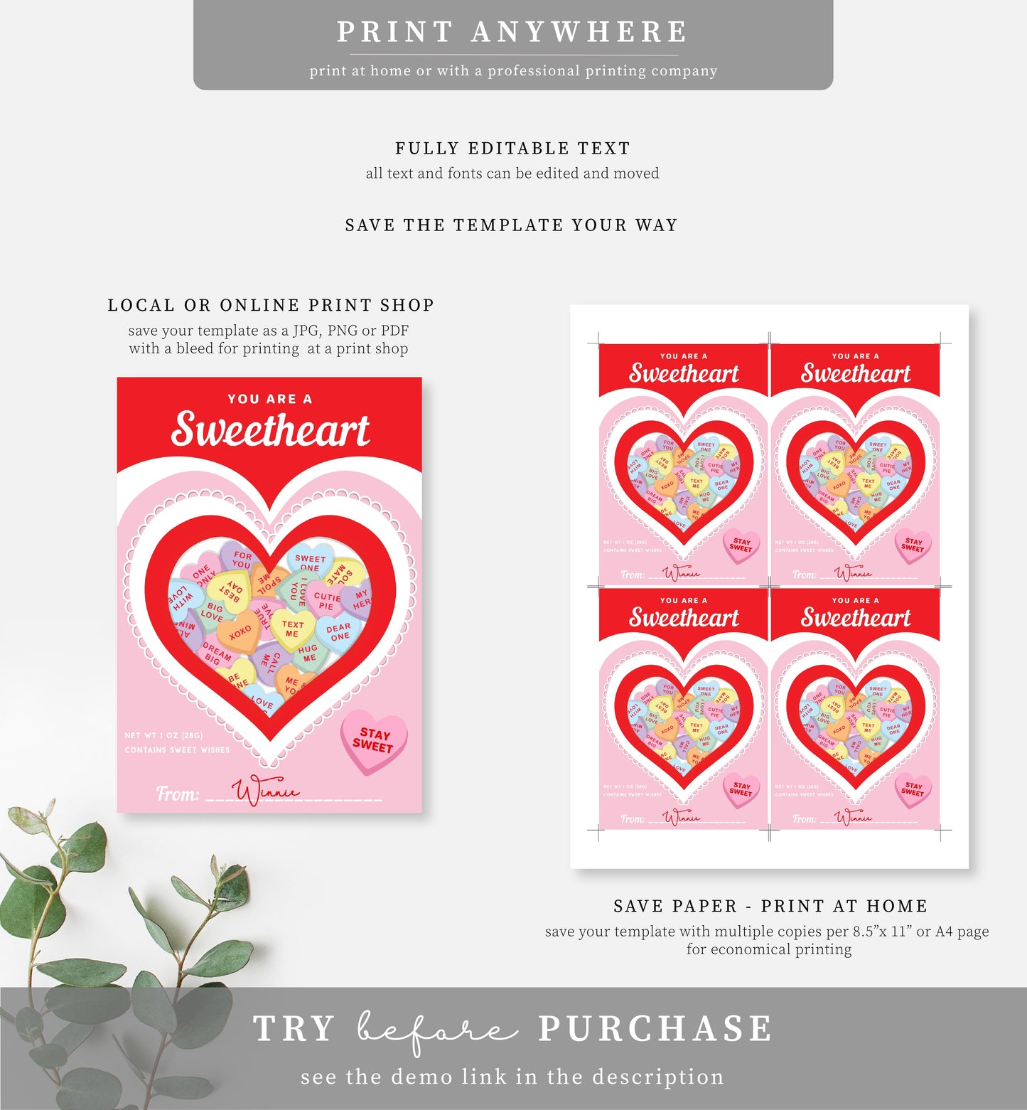 Convo Hearts Red Pink | Printable Sweetheart Valentine Cookie Card Template