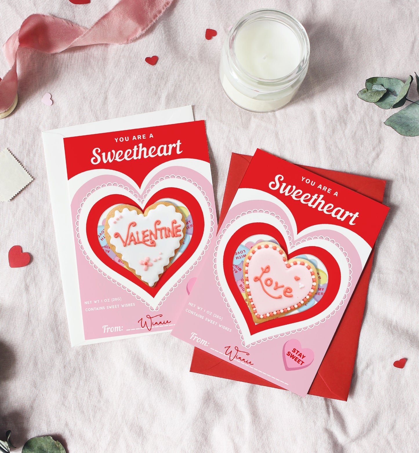 Convo Hearts Red Pink | Printable Sweetheart Valentine Cookie Card Template