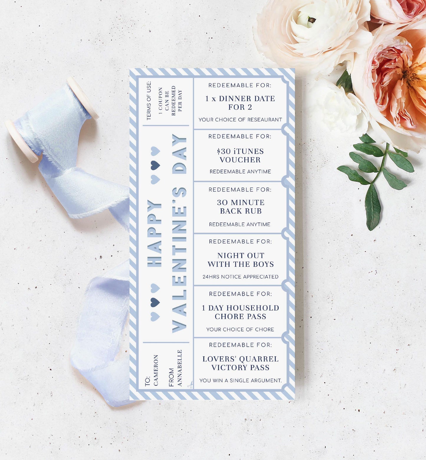Stripe Blue White | Printable Valentine's Day Custom Love Coupons