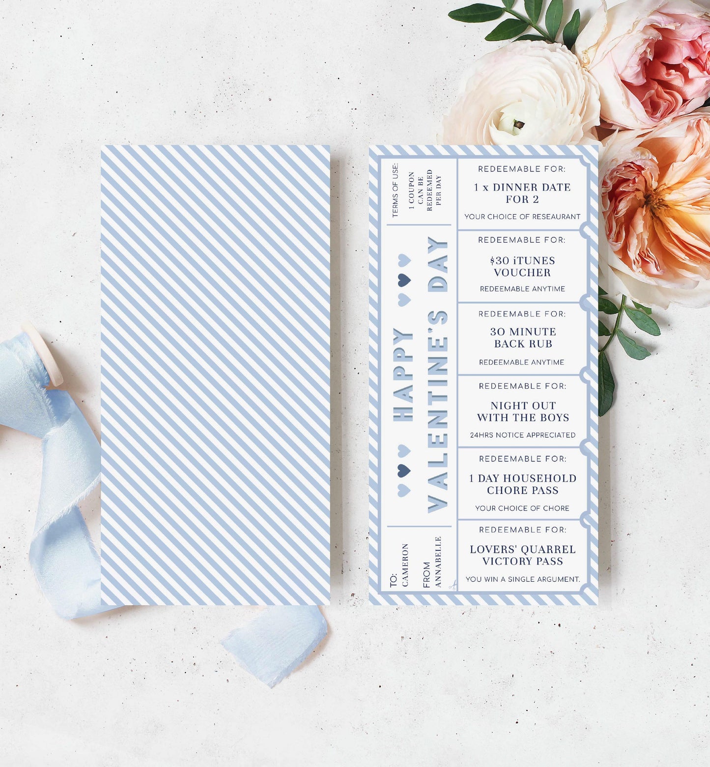 Stripe Blue White | Printable Valentine's Day Custom Love Coupons