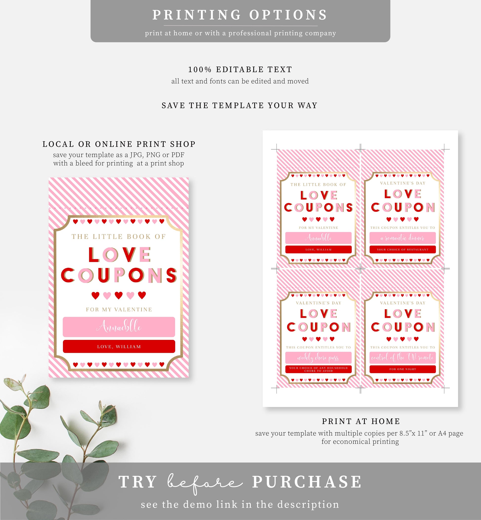Editable Love Coupon Book, Personalised Valentine's Day Gift Love Coupons, Printable Couples Love Coupons, Romantic Gift, Thoughtful Gift