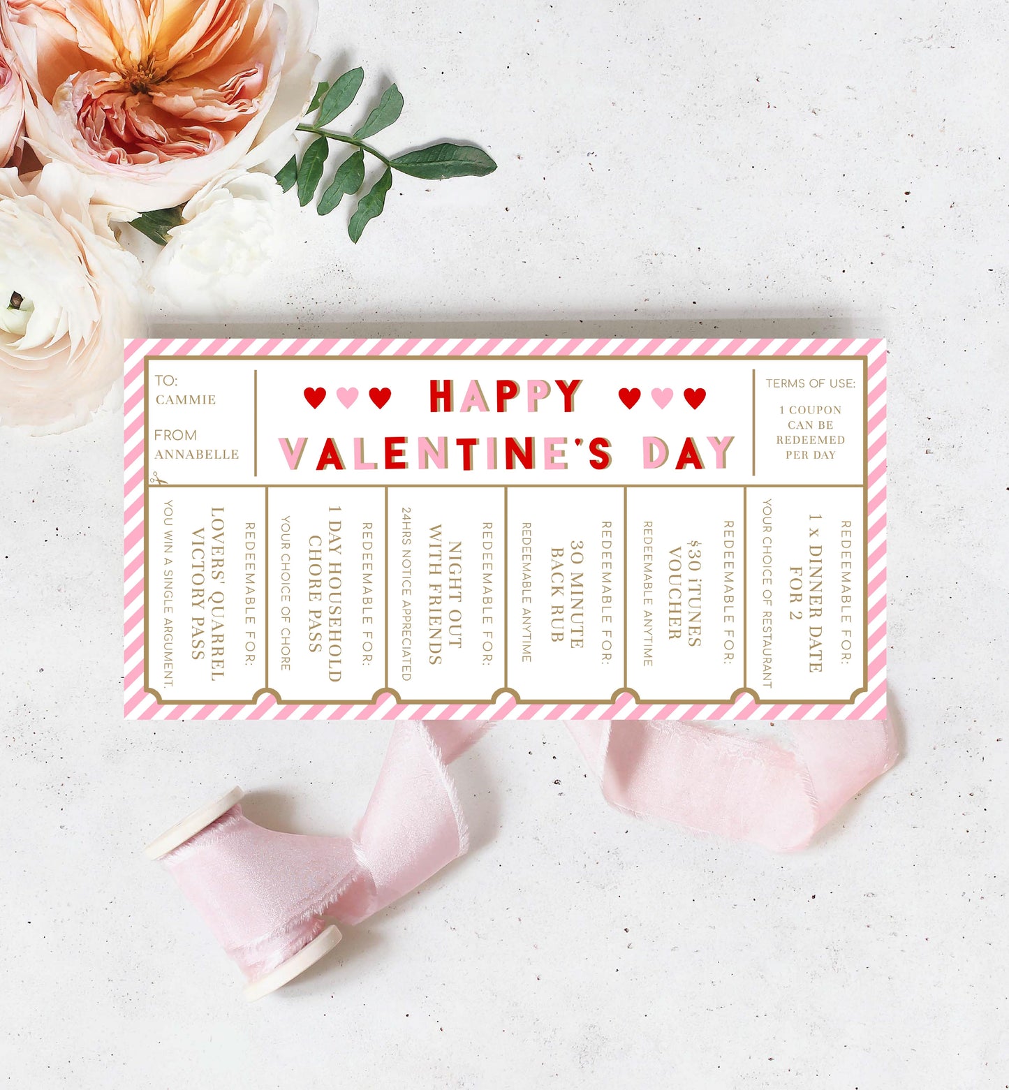 Stripe Red Pink | Printable Valentine's Day Custom Love Coupons