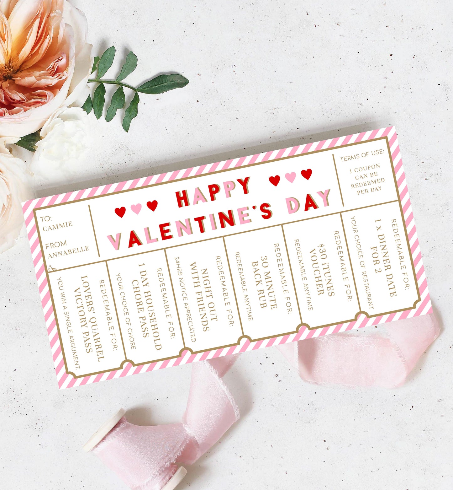 Stripe Red Pink | Printable Valentine's Day Custom Love Coupons