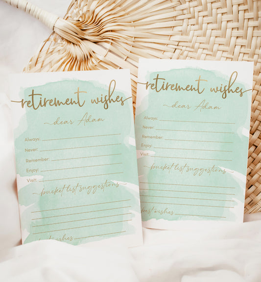 Watercolour Green Gold | Printable Retirement Wishes Card Template