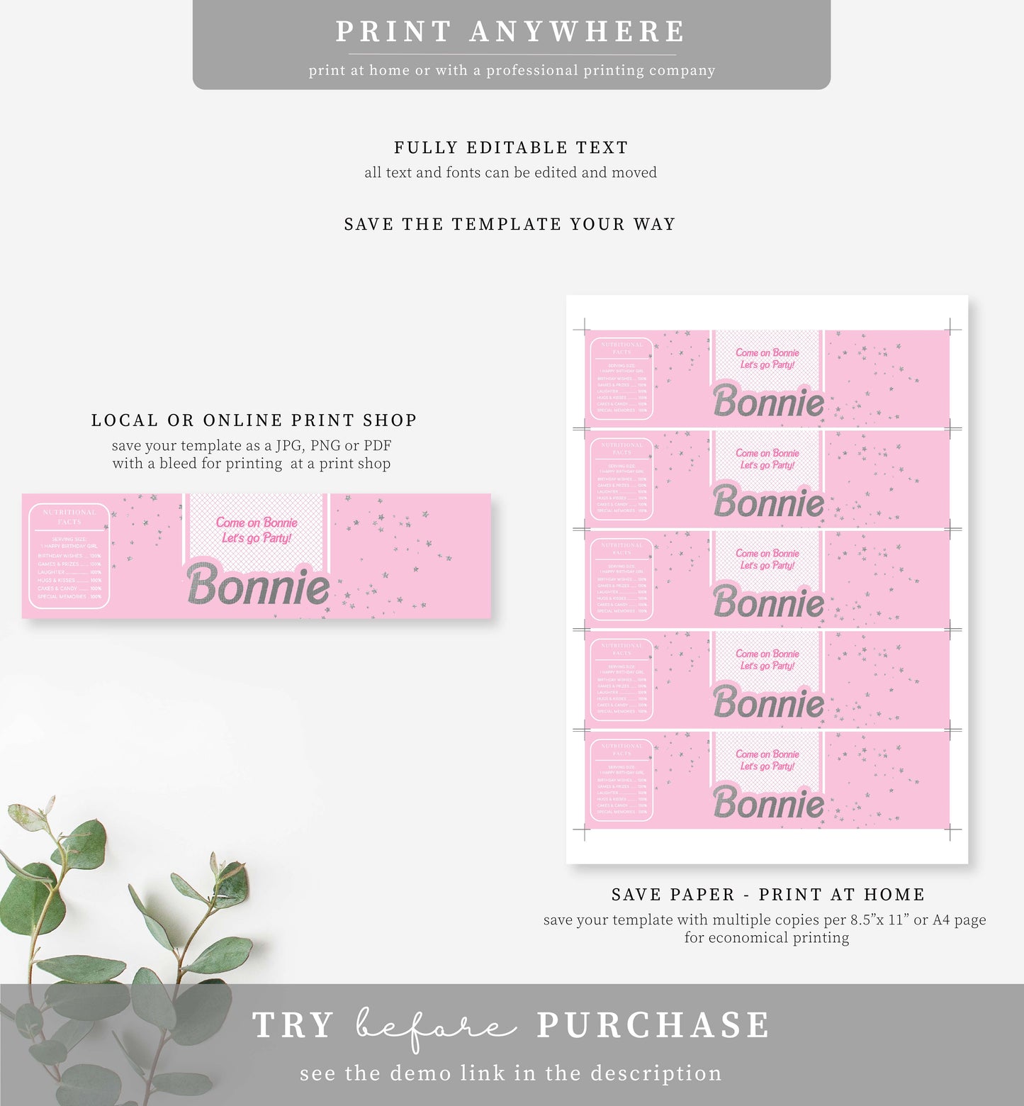 Barbie Party Pink Silver | Printable Water Bottle Favour Labels Template