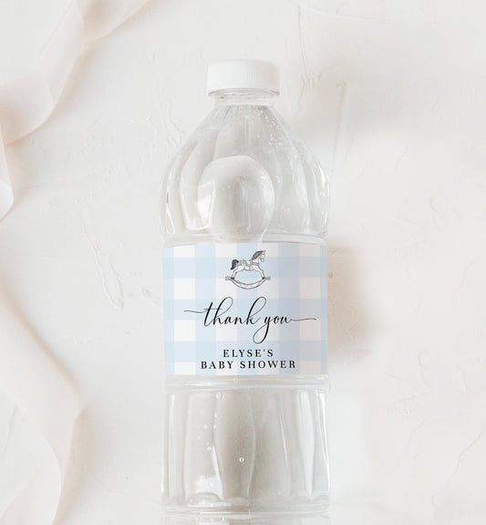 Editable Water Bottle Labels, Blue Gingham Rocking Horse, Printable Personalized Favor Water Bottle Labels, Boy Baby Shower, Boy First Birthday Water Bottle Labels