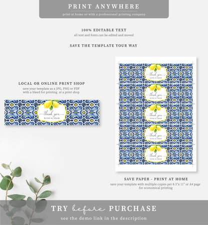 Positano Lemons | Printable Water Bottle Thank You Label Template