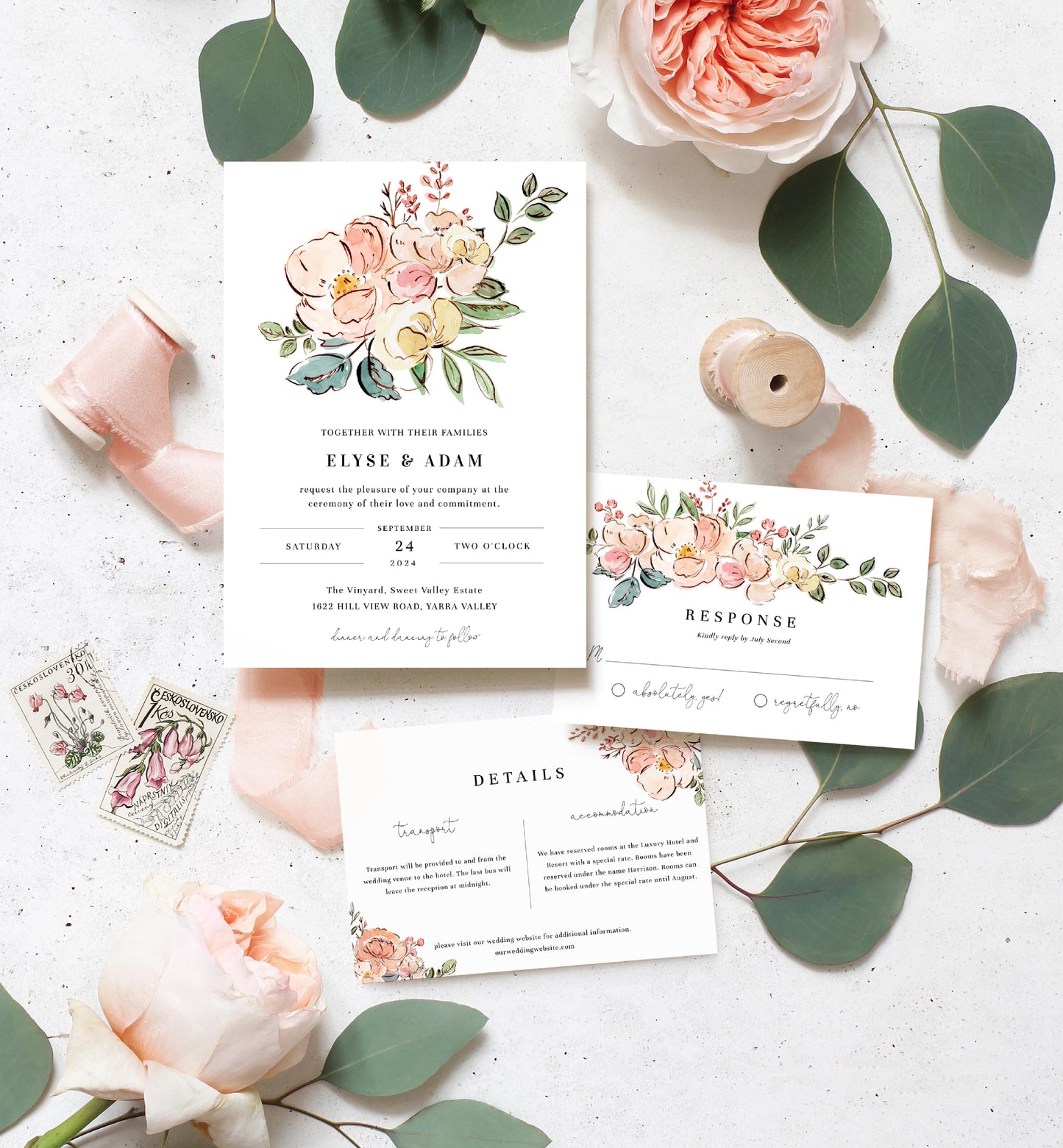 Cambridge Floral Multi | Printable Wedding Invitation Suite Template - Black Bow Studio