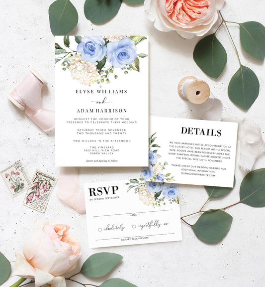 Darcy Floral Blue | Printable Wedding Invitation Suite Template - Black Bow Studio