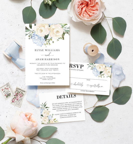 Darcy Floral White | Printable Wedding Invitation Suite - Black Bow Studio
