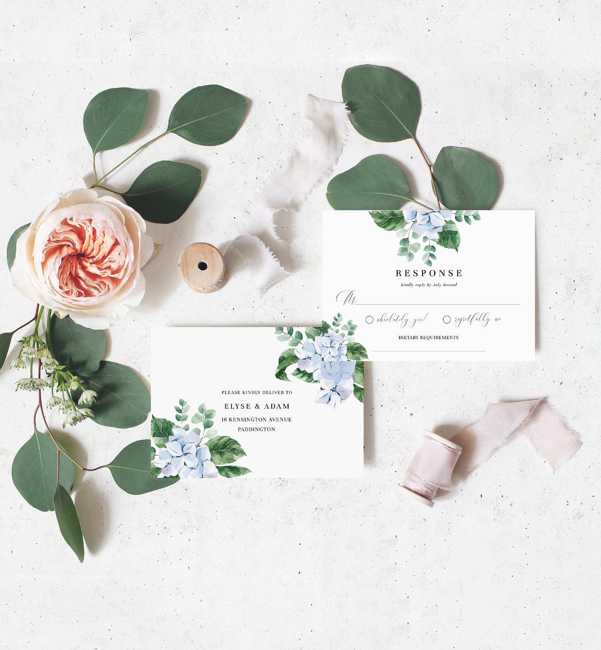 Ferras Blossom Blue | Printable Wedding Invitation Suite - Black Bow Studio
