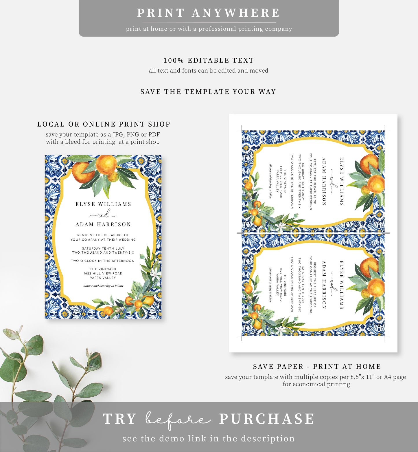 Positano Oranges | Printable Wedding Invitation Suite Template