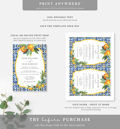 Positano Oranges | Printable Wedding Invitation Suite Template