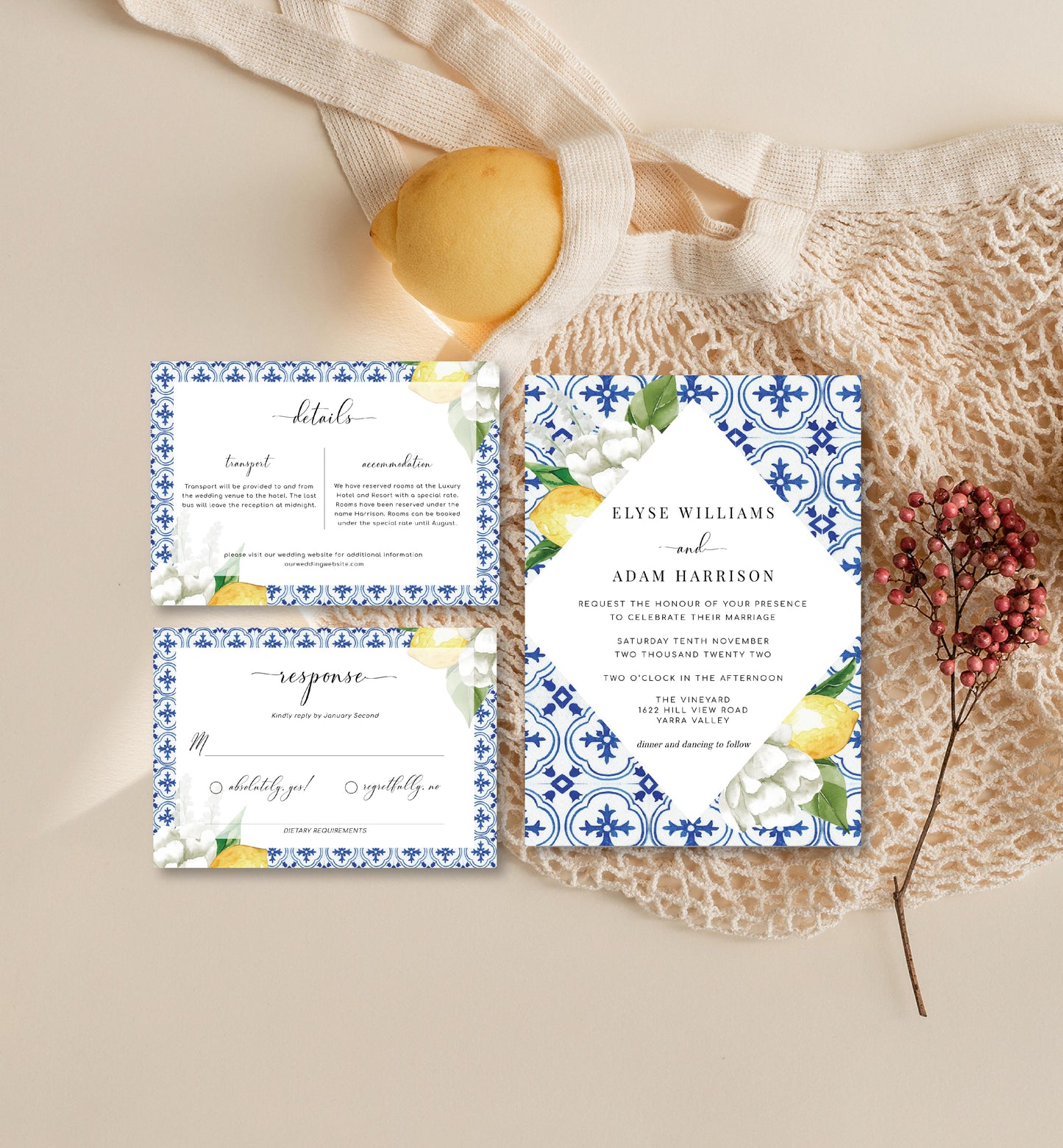 The Med Lemons | Printable Wedding Invitation Suite - Black Bow Studio