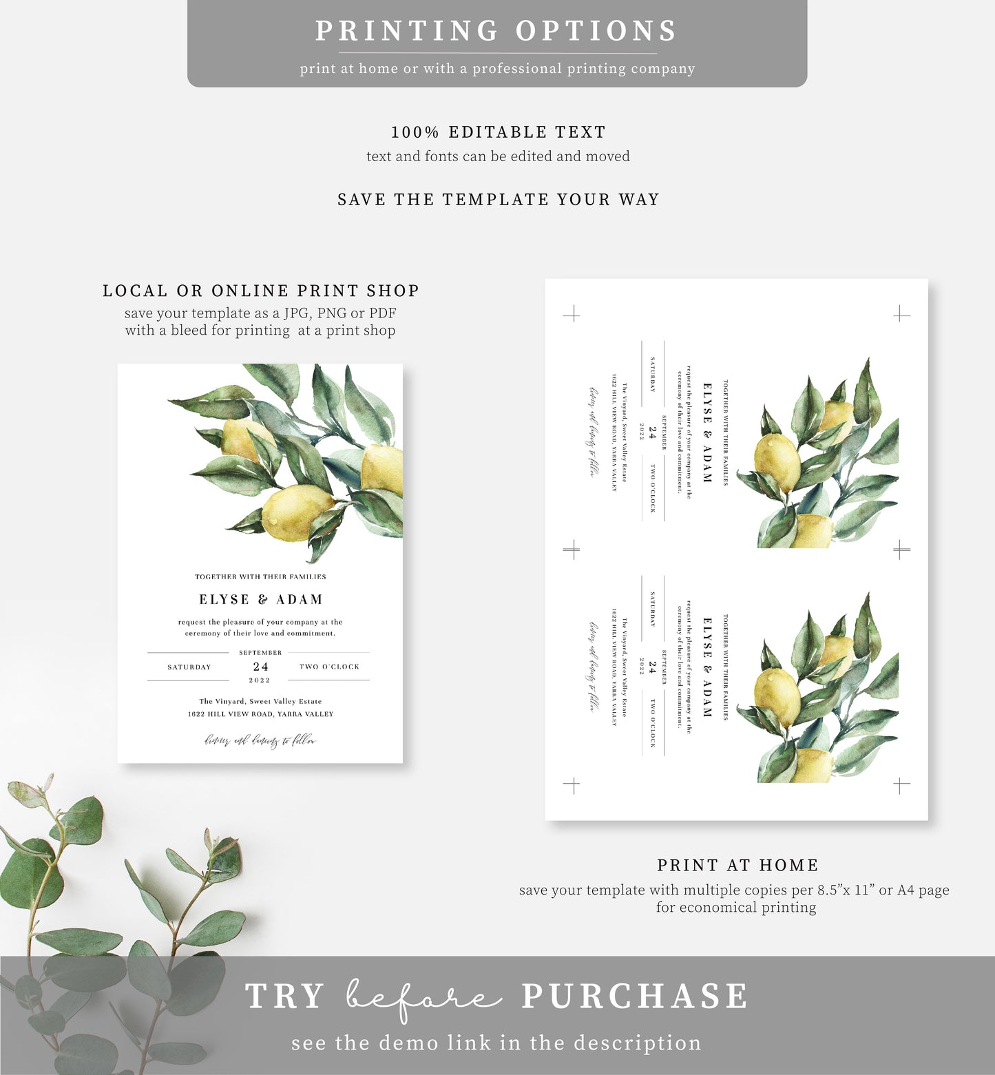 Tuscan Lemons | Printable Wedding Invitation Suite