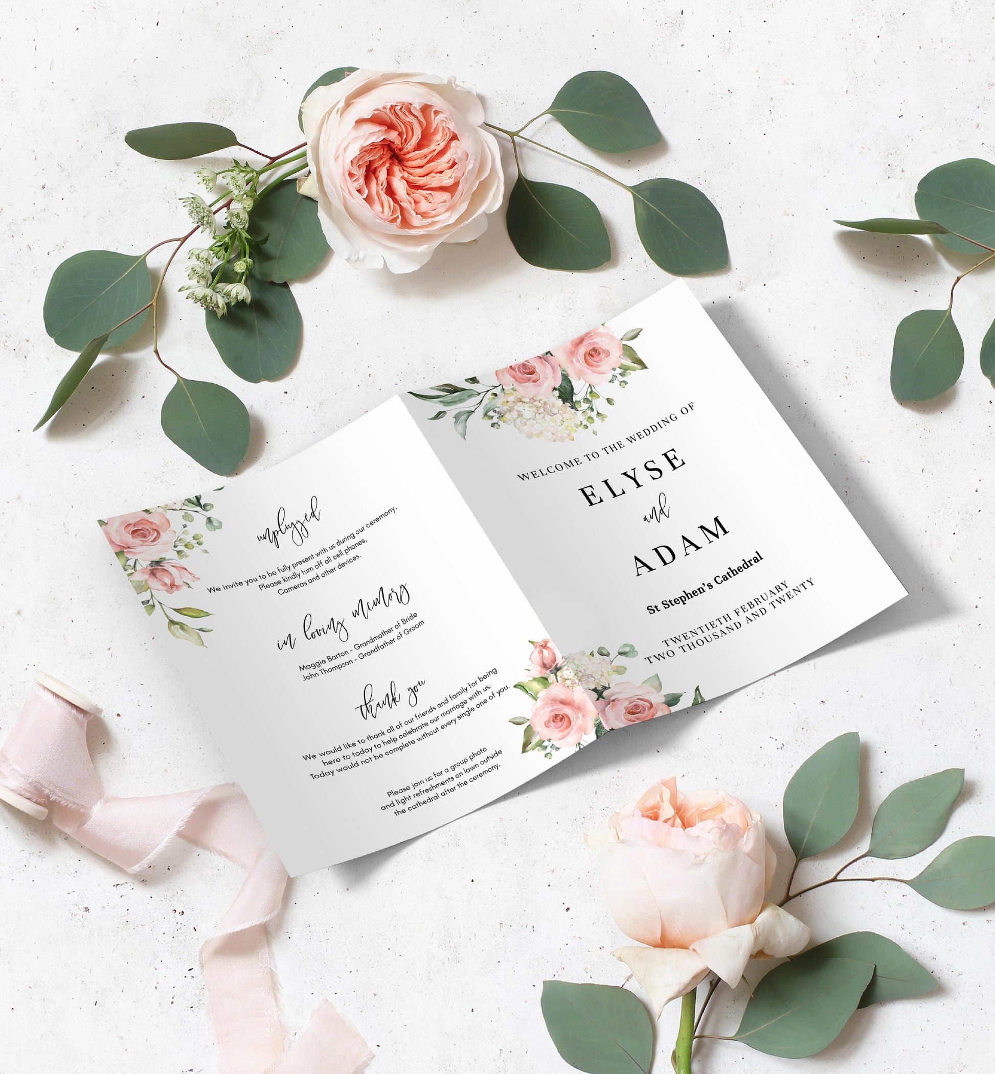 Printable Wedding Ceremony Program Template, Blush Pink Floral, Wedding Order of Ceremony Booklet Program, Single Fold Program, Darcy
