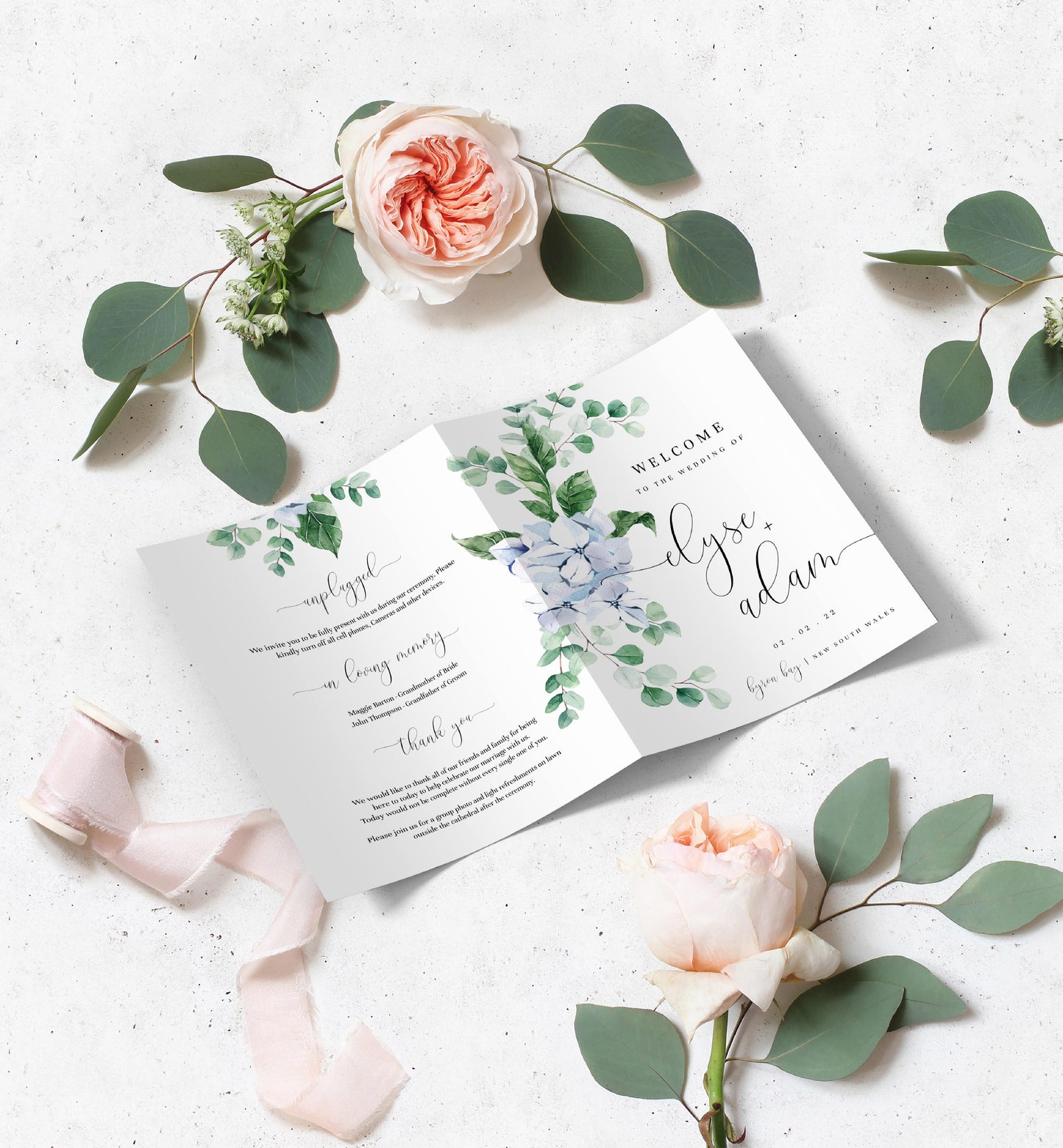 Printable Wedding Ceremony Program Template, Blue Hydrangea, Wedding Order of Ceremony Booklet Program, Single Fold Program, Ferras