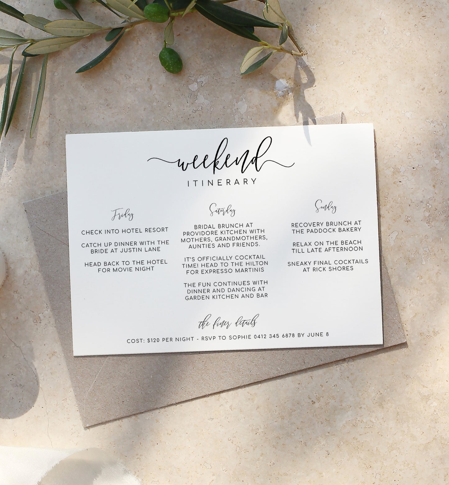 Lucas Script White | Printable Weekend Itinerary