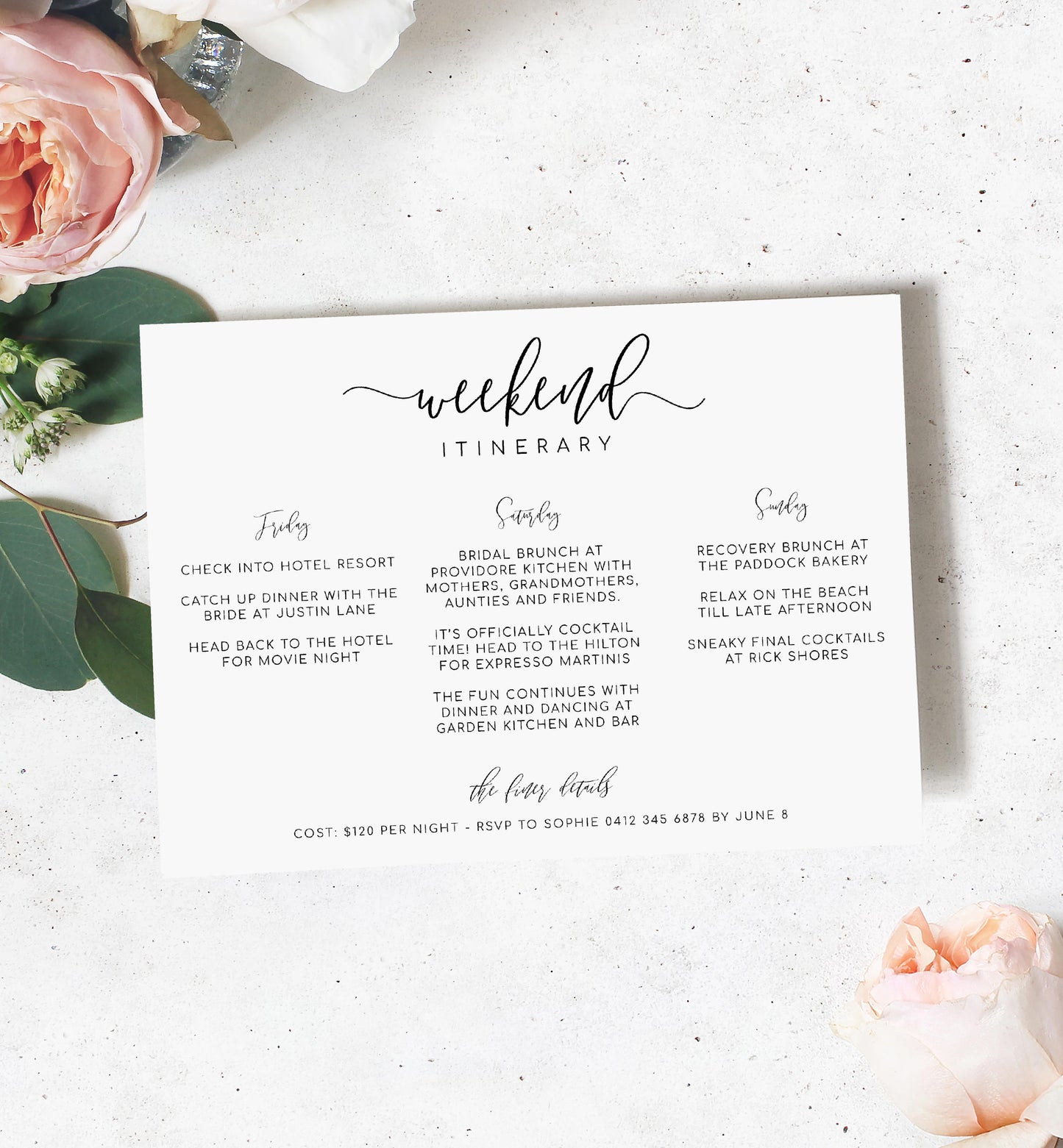 Lucas Script White | Printable Weekend Itinerary