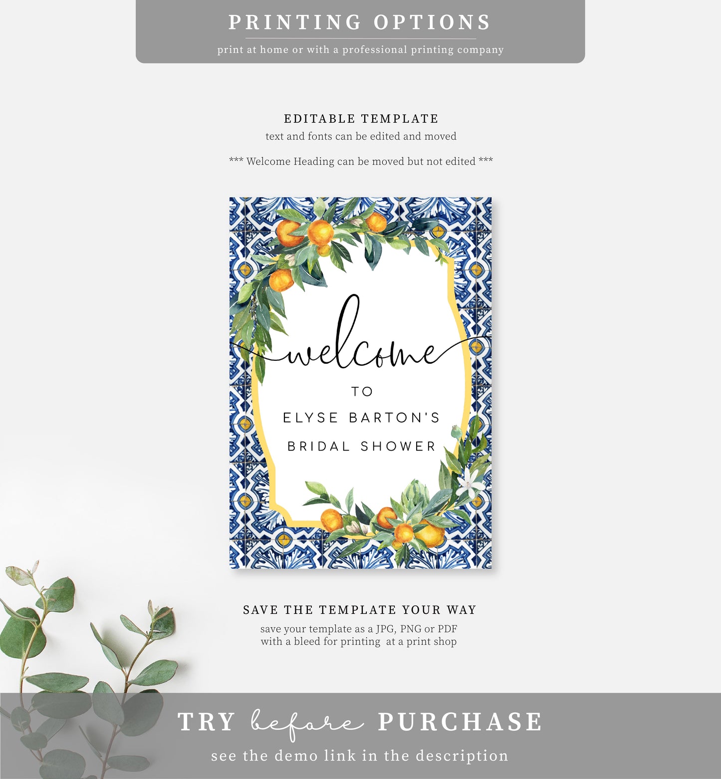 Positano Oranges | Printable Welcome Sign Template
