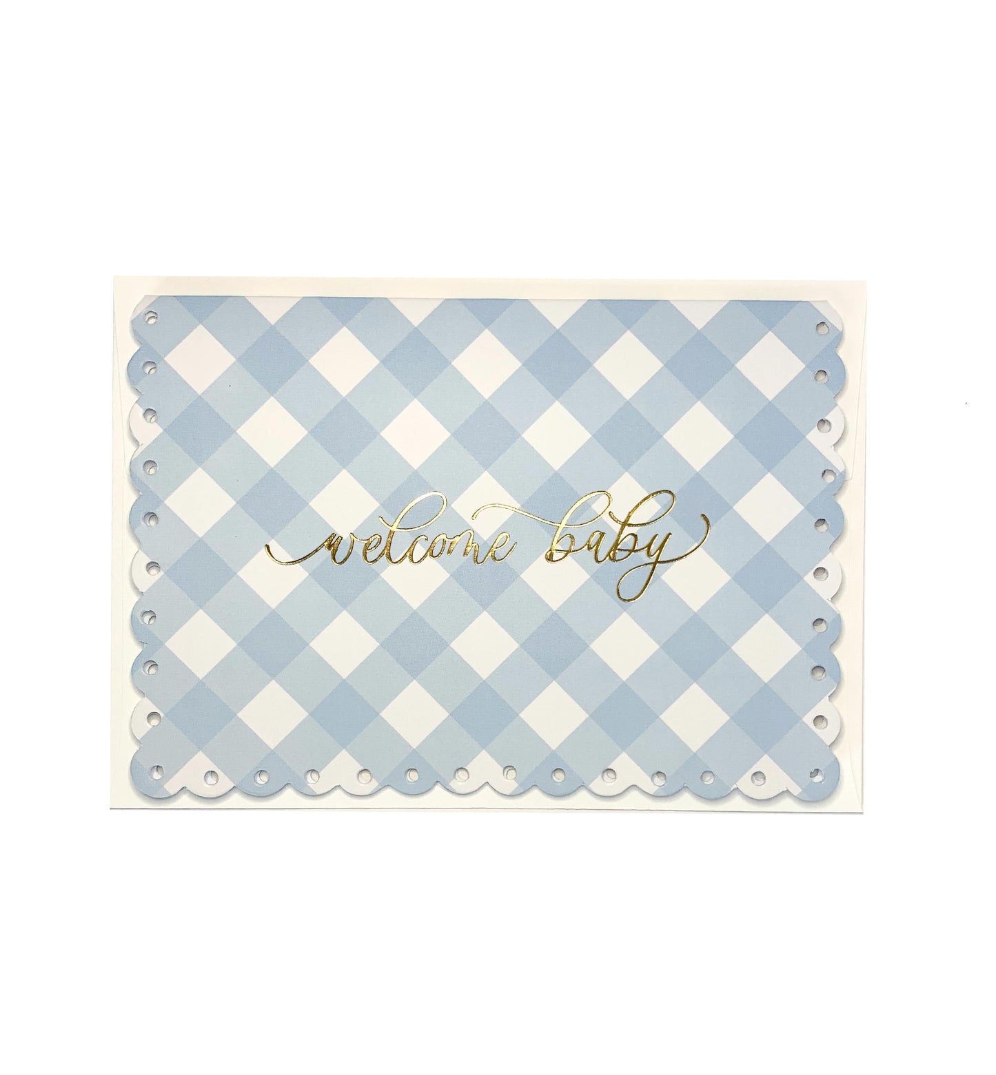 Gingham Blue Gold | Welcome Baby Greeting Card