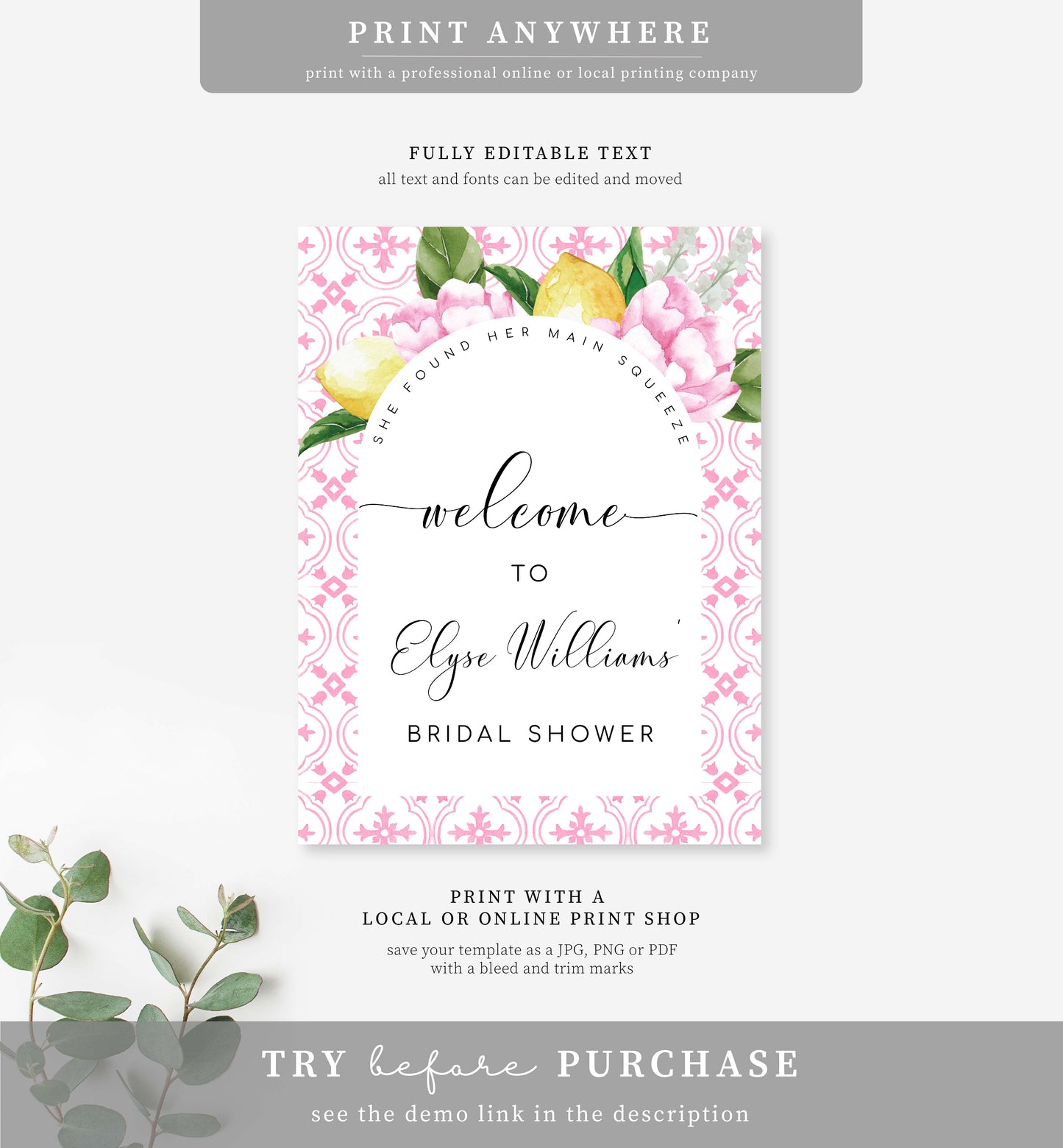 The Med Pink Lemons | Printable Welcome Sign Template