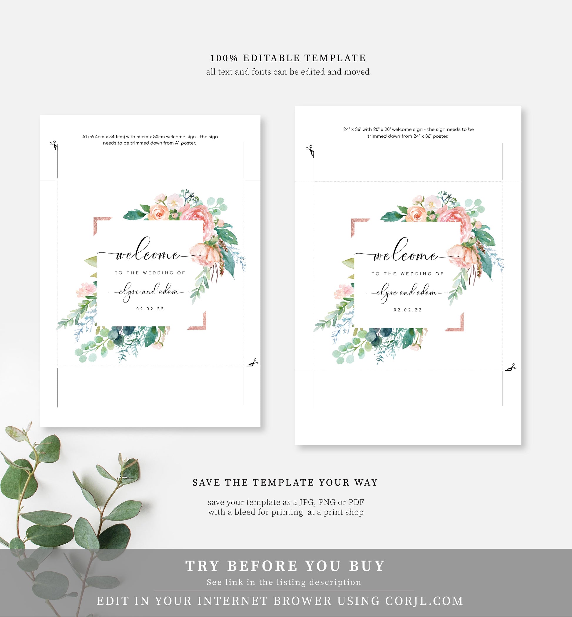 Afternoon Blooms | Printable Square Welcome Sign Template - Black Bow Studio