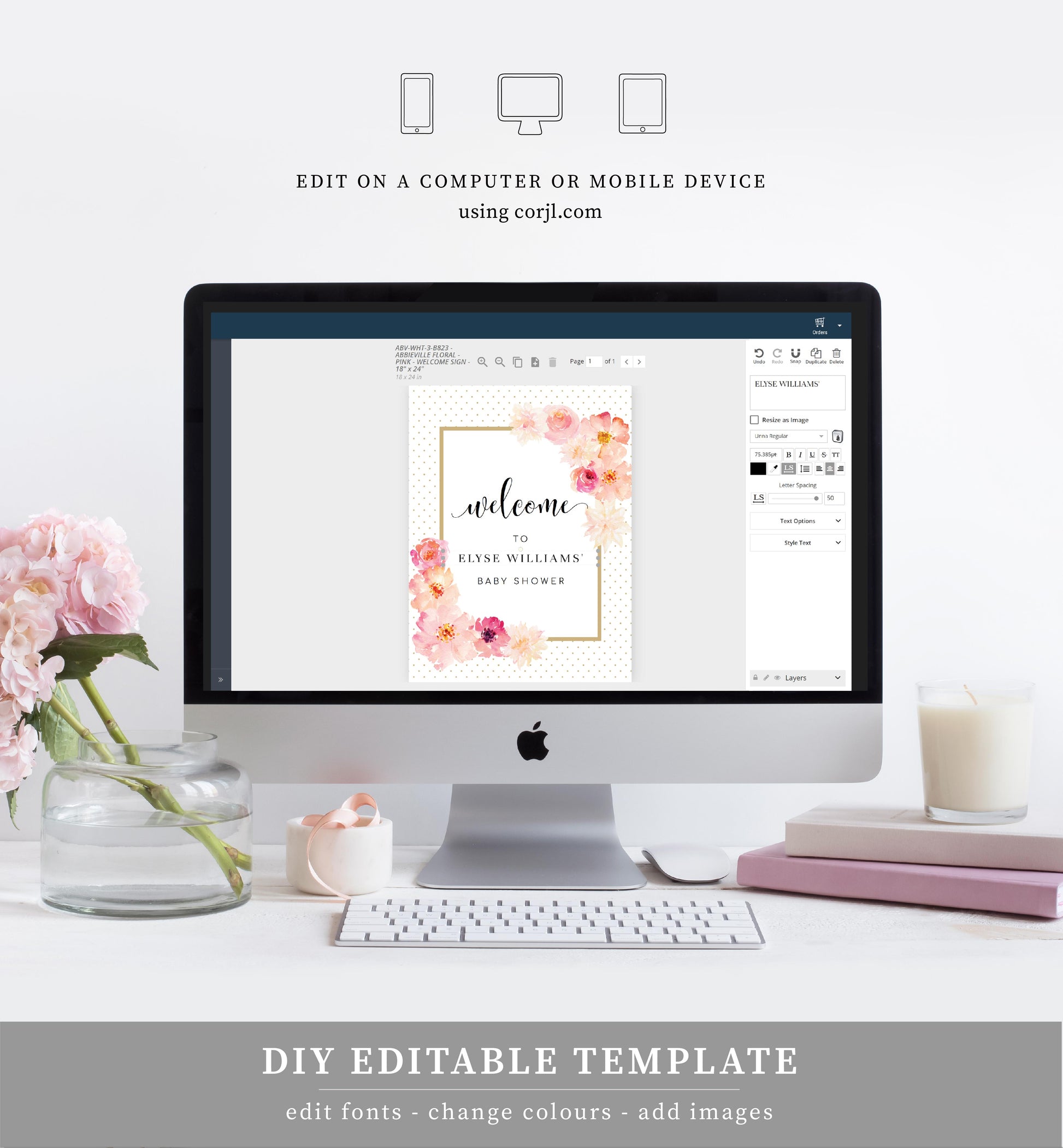 Abbieville Floral White | Printable Welcome Sign Template - Black Bow Studio