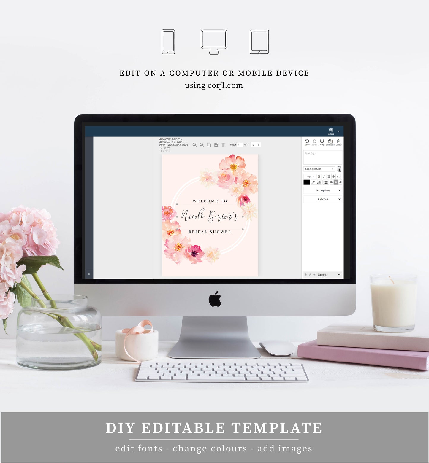 Abbieville Floral Pink | Printable Welcome Sign Template - Black Bow Studio