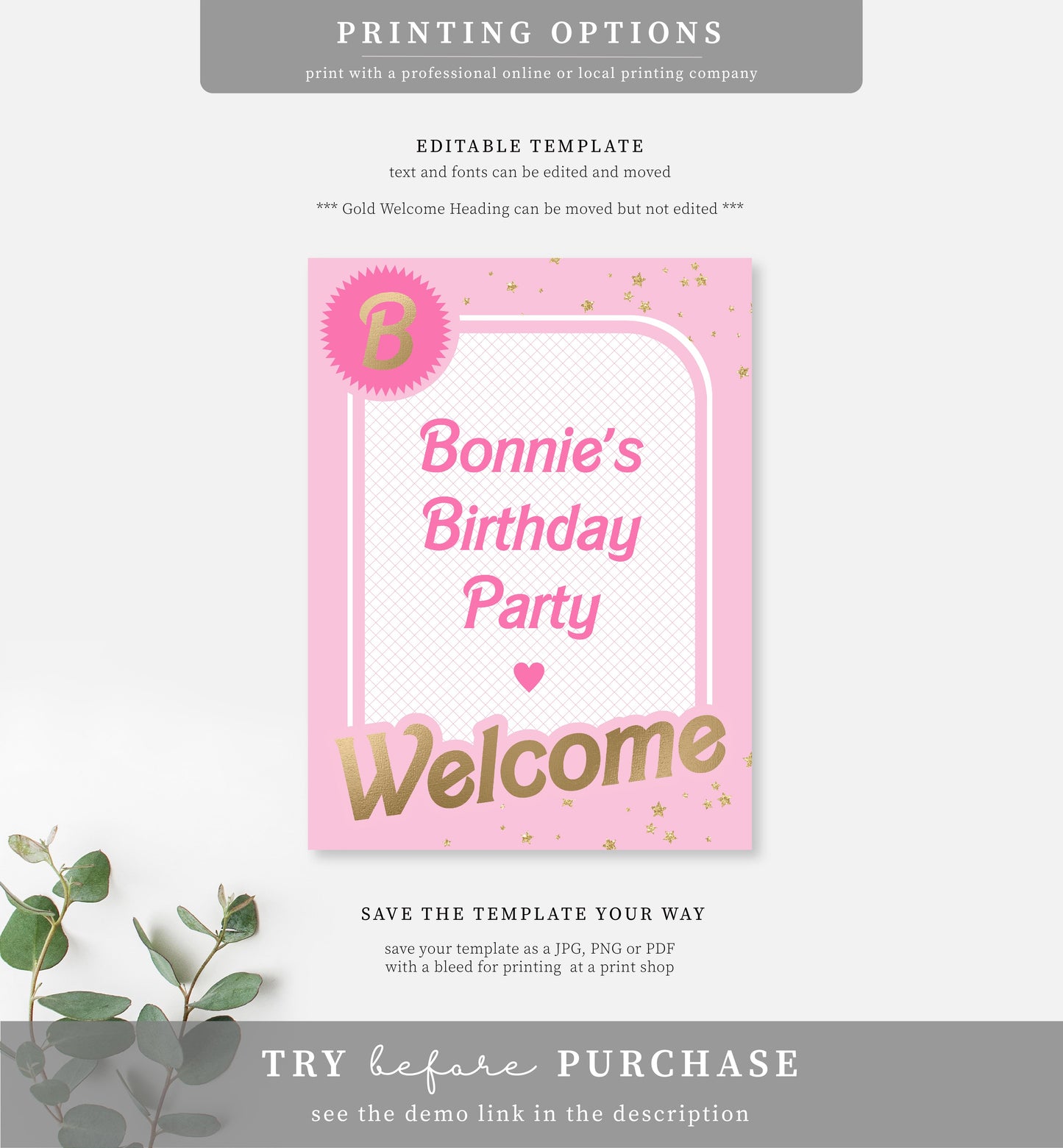 Barbie Party Pink Gold | Printable Welcome Sign Template - Black Bow Studio