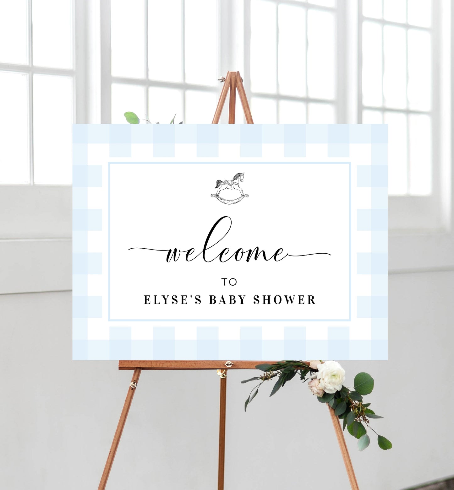 Gingham Blue Rocking Horse | Printable Welcome Sign