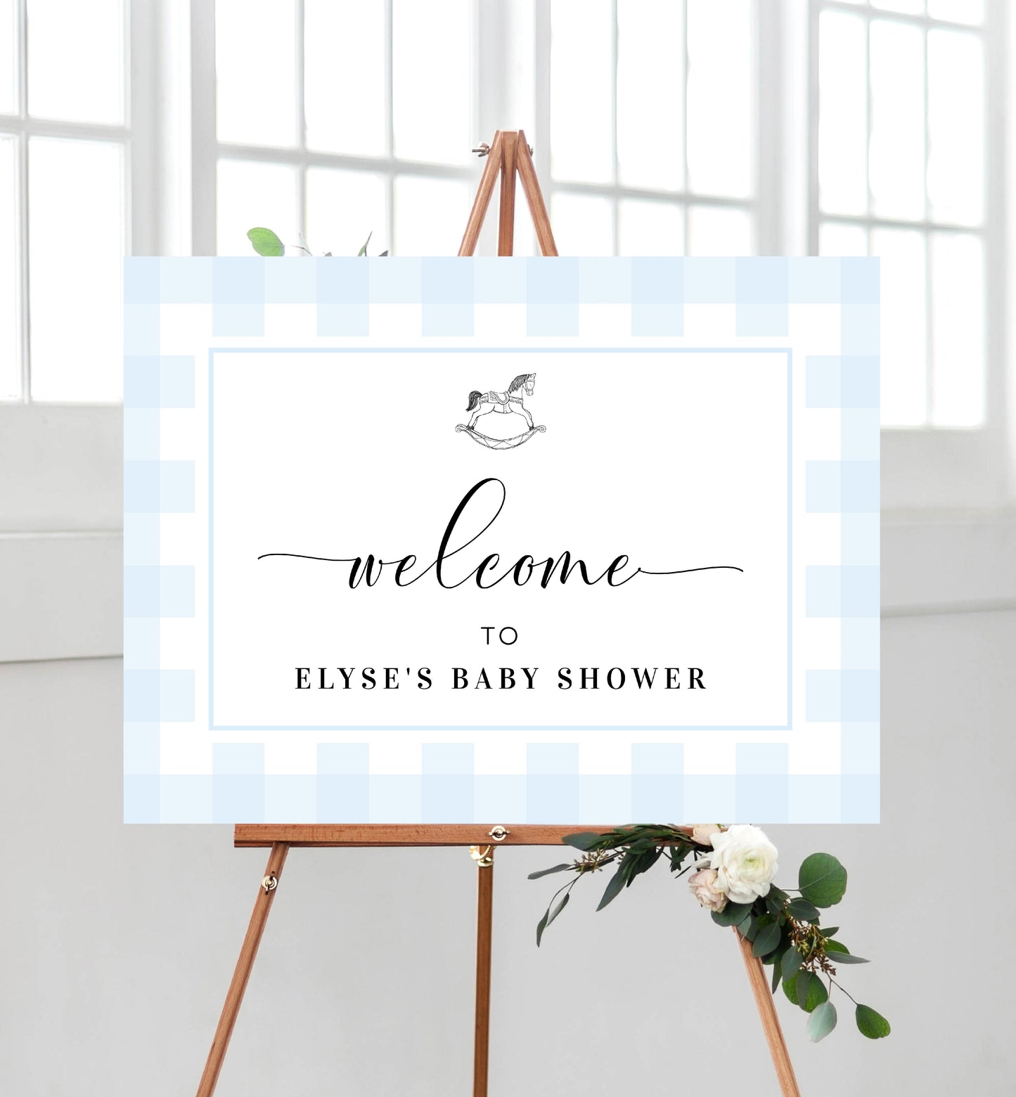 Gingham Blue Rocking Horse | Printable Welcome Sign