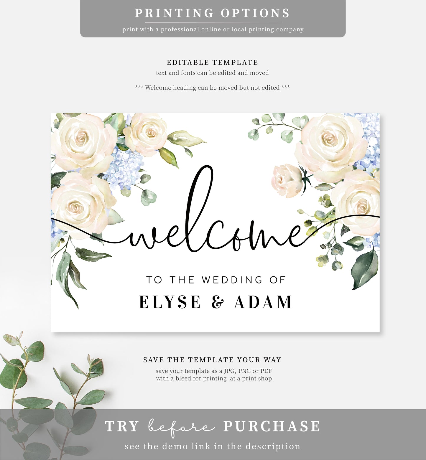 Darcy Floral White | Printable Welcome Sign - Landscape