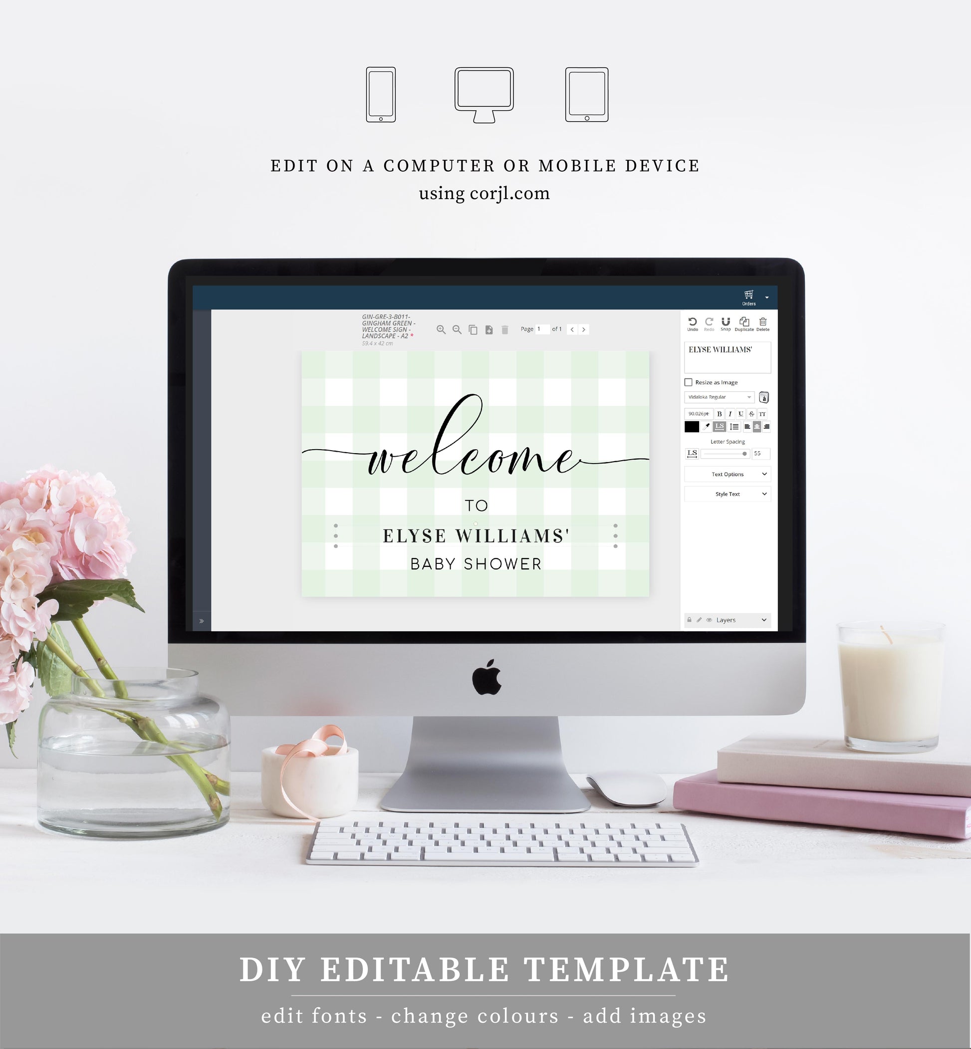 Gingham Mint Green | Printable Welcome Sign - Black Bow Studio
