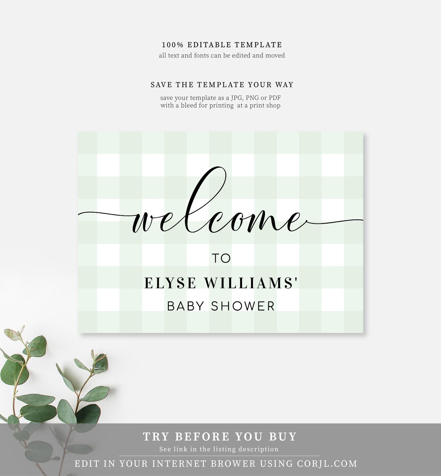 Gingham Mint Green | Printable Welcome Sign - Black Bow Studio