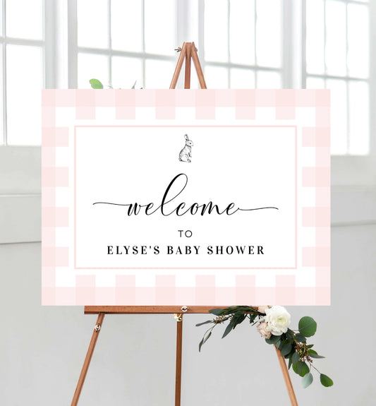 Gingham Pink Bunny | Printable Welcome Sign Template