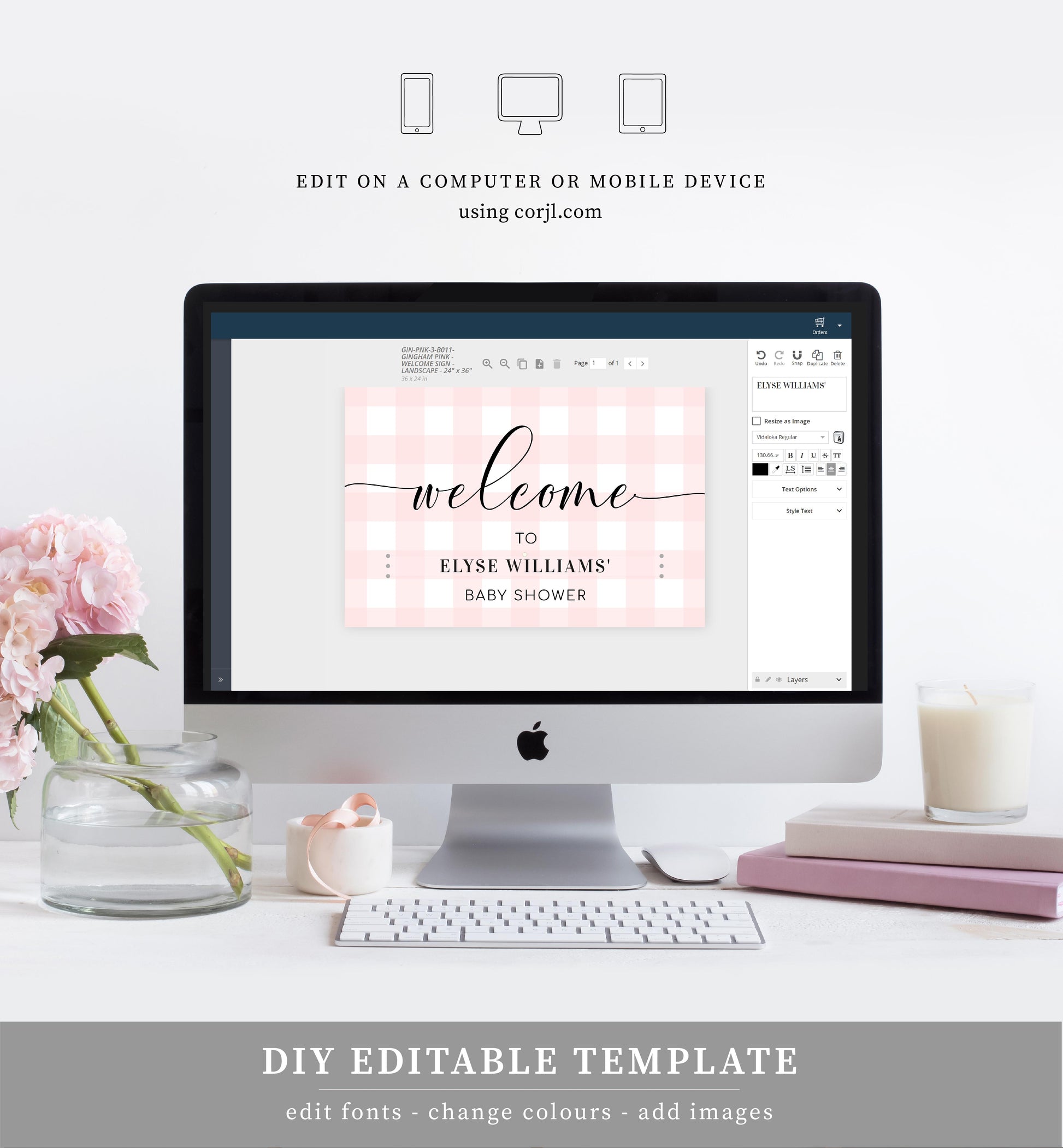 Gingham Pink | Printable Welcome Sign - Black Bow Studio