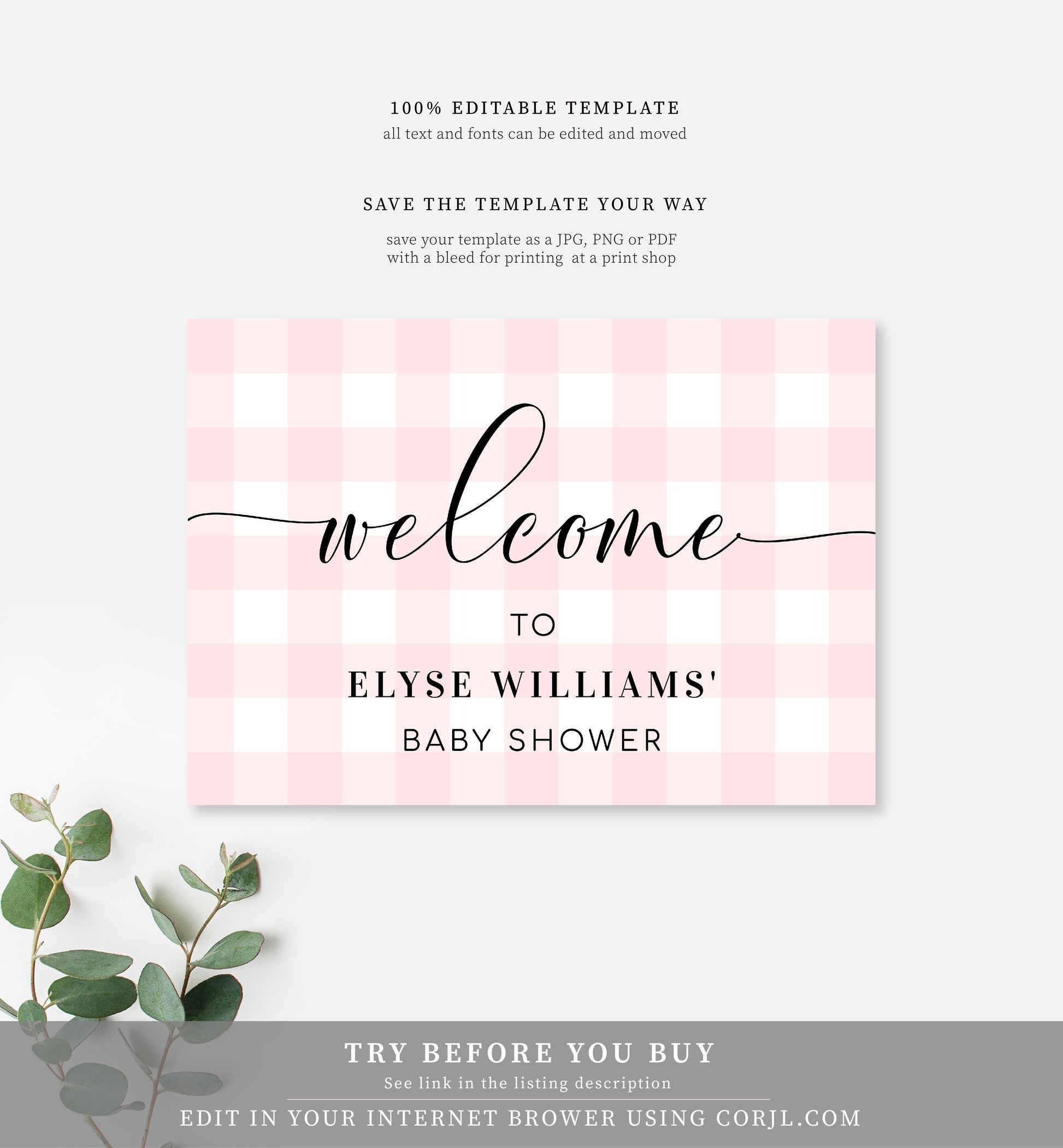 Gingham Pink | Printable Welcome Sign - Black Bow Studio