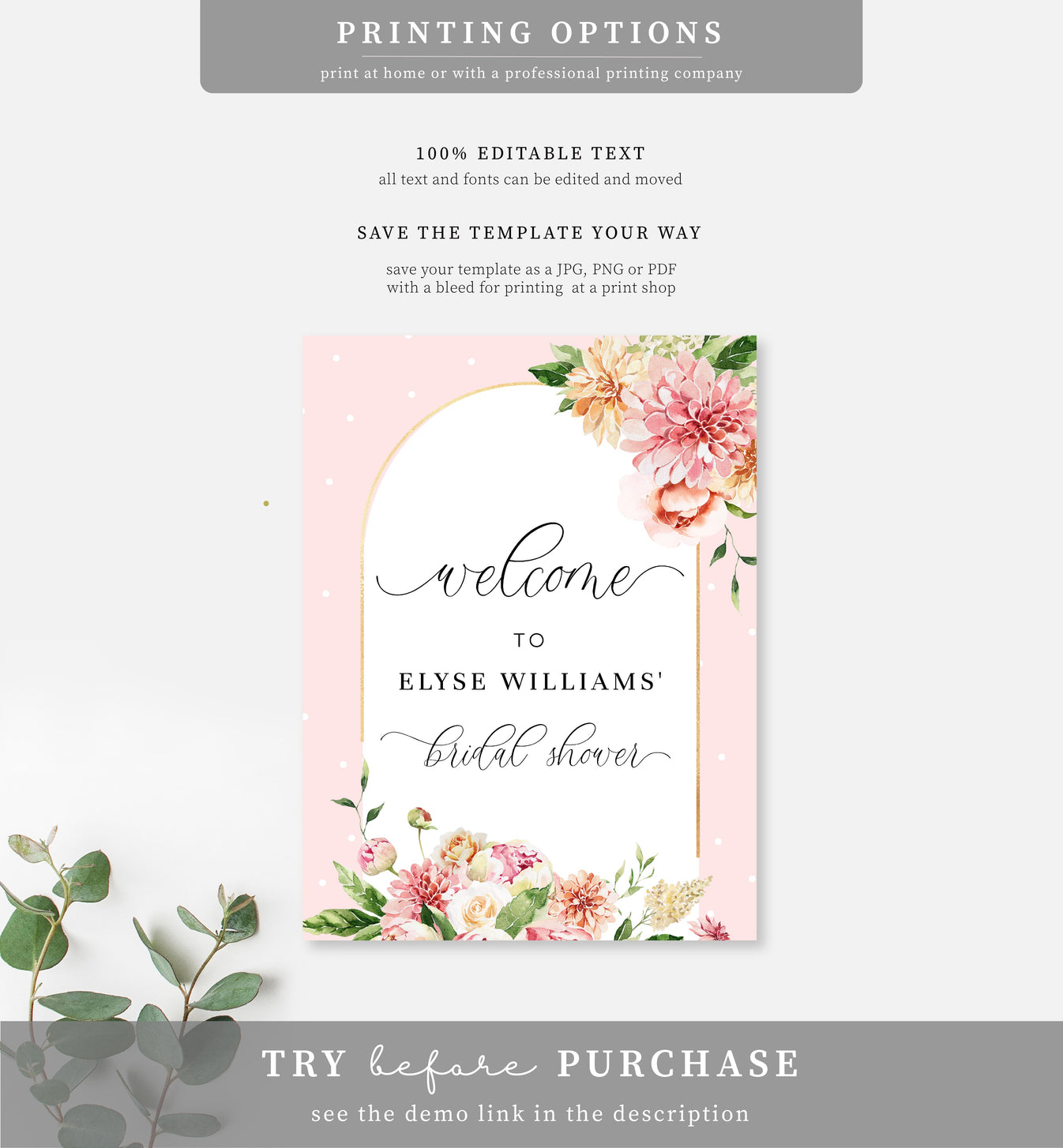Darcy Floral Pink Printable Welcome Sign – Black Bow Studio
