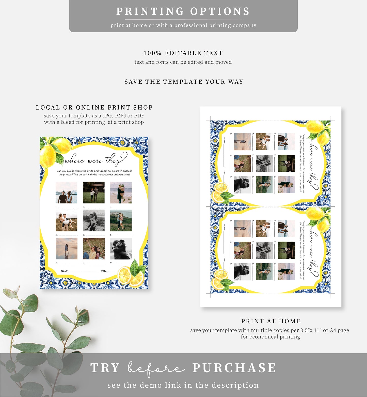 Positano Lemons | Printable where Were They Photo Bridal Shower Game Template