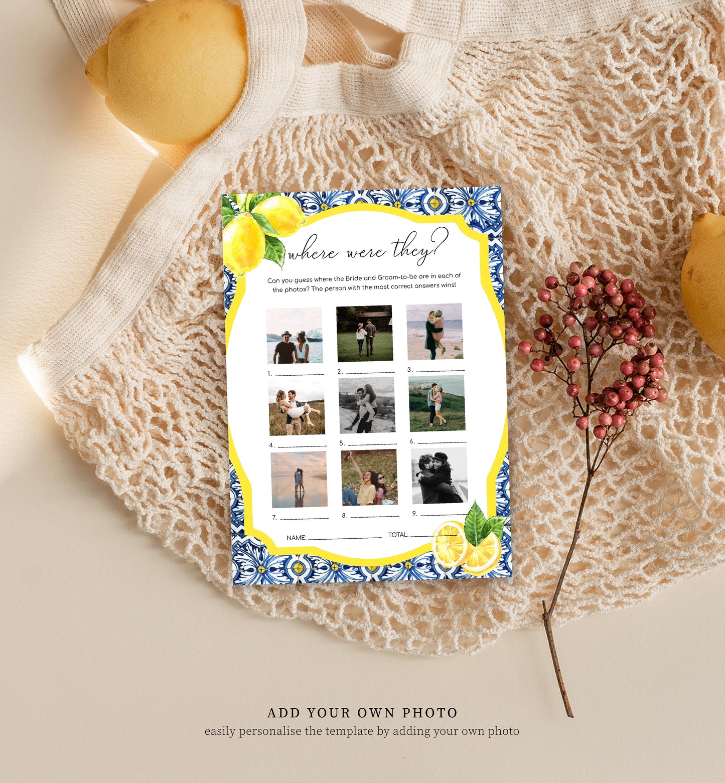 Positano Lemons | Printable where Were They Photo Bridal Shower Game Template